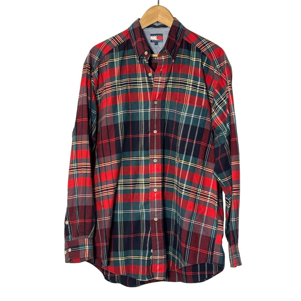 Vintage 90s Tommy Hilfiger USA Red Green‎ Plaid Button Up Holiday Christmas Gift